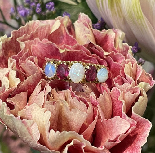 Close up image of ruby and oval five stone ring on a flower