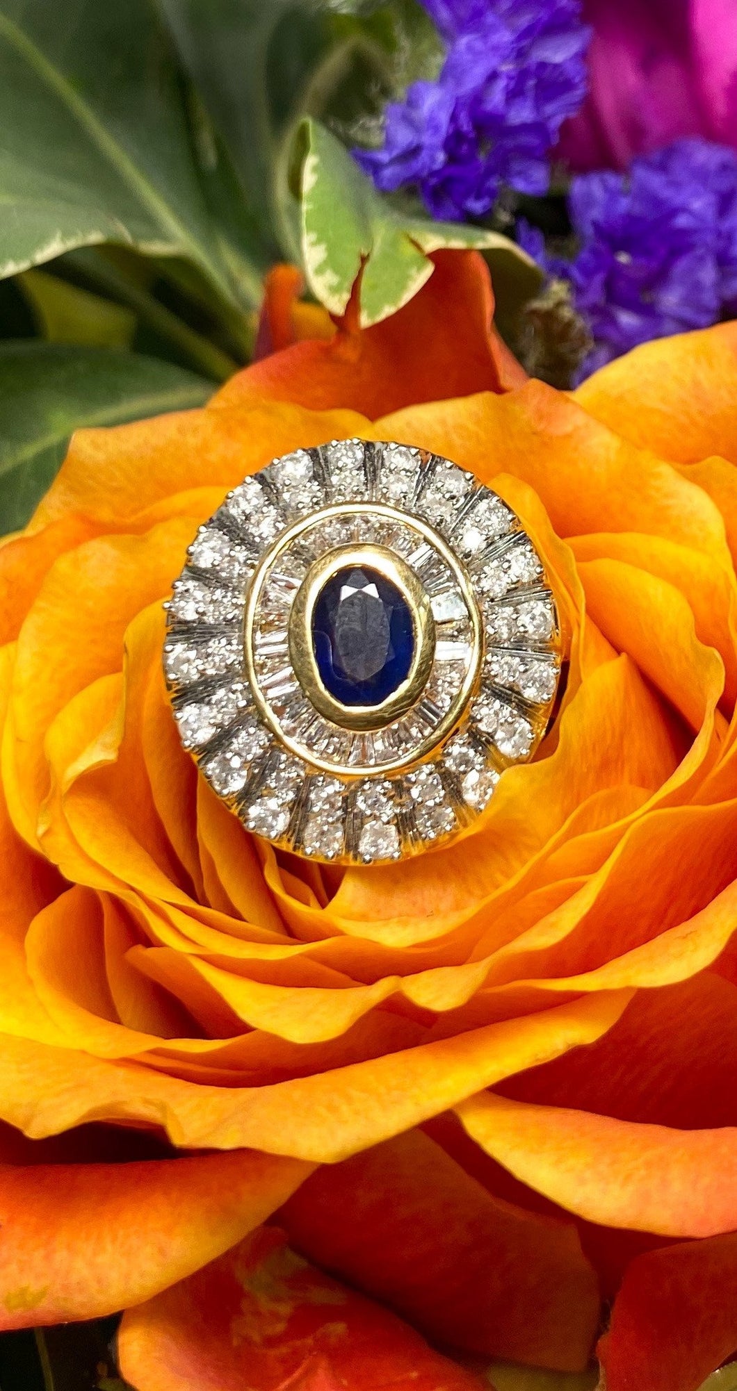 Art Deco style Sapphire and Diamond oval cluster ring