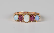 Load image into Gallery viewer, Close up of five stone opal and ruby ring on plain background
